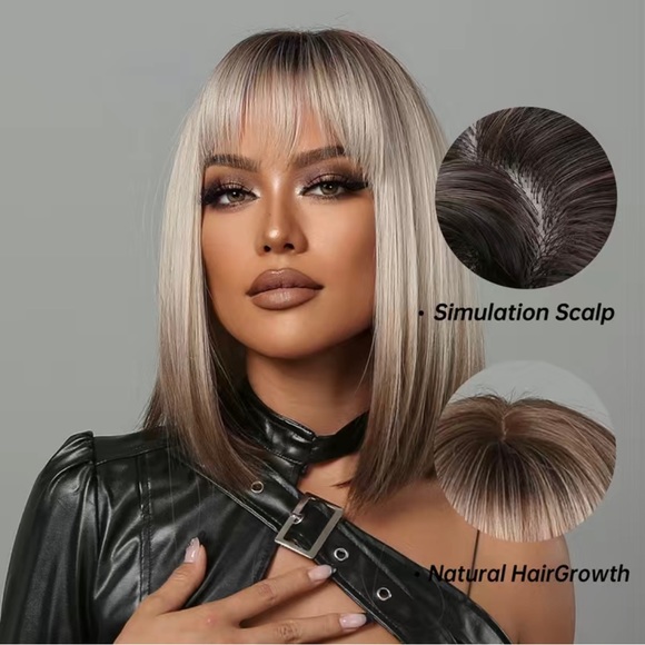 - - Human hair blend gray blonde to brown ombre Bob straight wig. main image 5